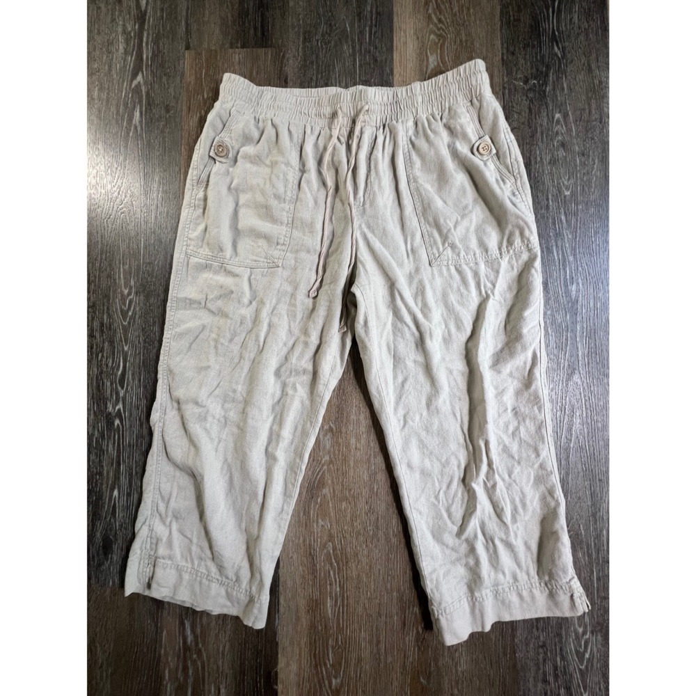 Westbound Linen Blend Cropped Pants Womens Large Beige Elastic Waist Capri 4320